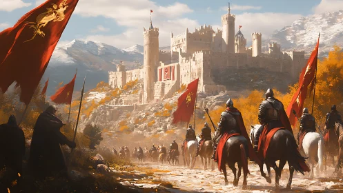 Crimson banners ride toward a sunlit mountain fortress.