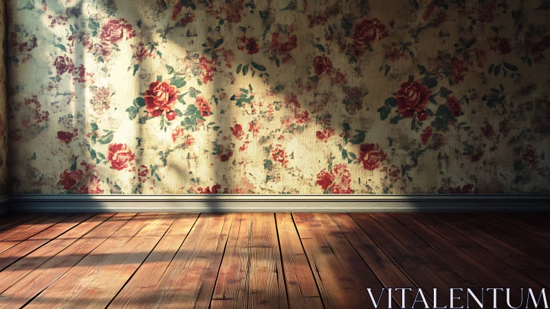 Sunlit worn floral wallpaper meets rustic wooden floor