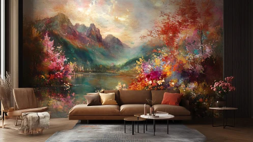 Living room drifts into a luminous painted mountain dreamscape