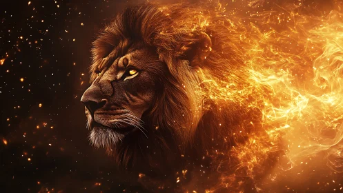 Lion head in profile wrapped in detailed swirling flames.
