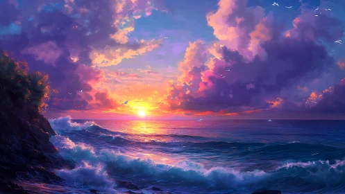 Sunset tide orchestra under candy-cloud skies.