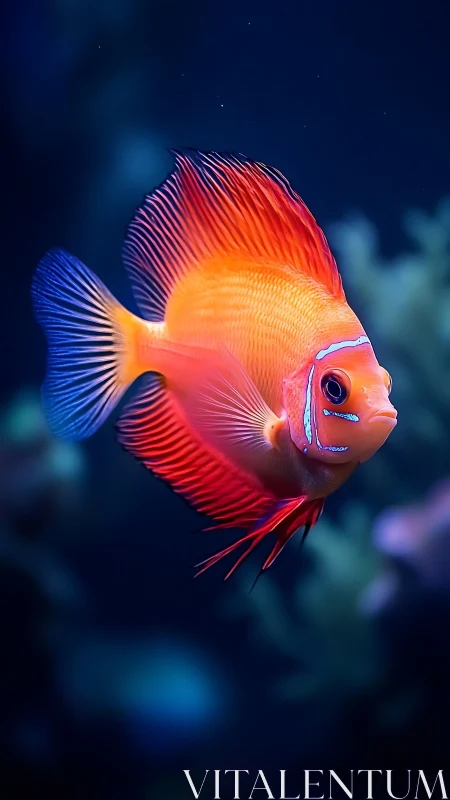 Orange reef fish in side profile against dark blue water.