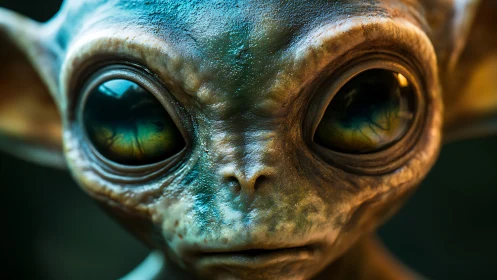Close-up render of large-eyed reptilian alien creature.