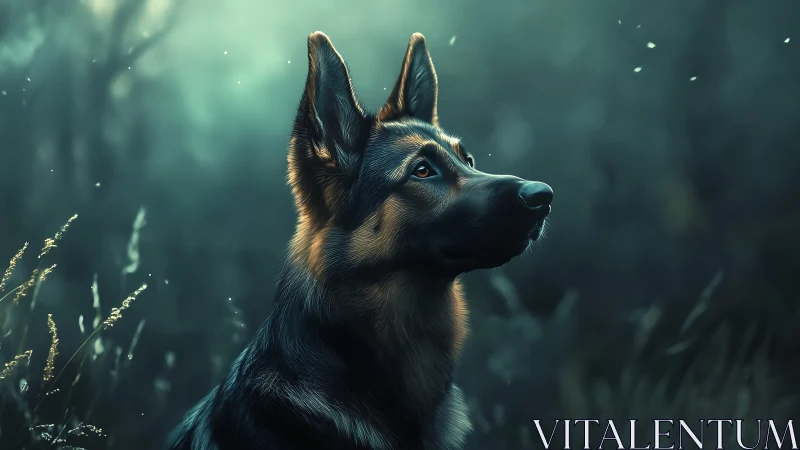 Canine profile under teal backlight with volumetric forest haze.