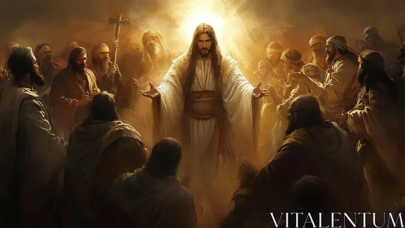 Radiant spiritual teacher surrounded by followers in warm light.