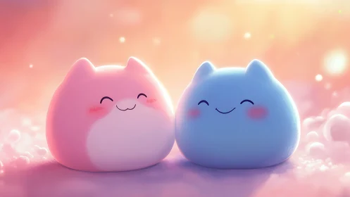 Two Plump Cloud Cats Share a Dreamy Sky Moment.
