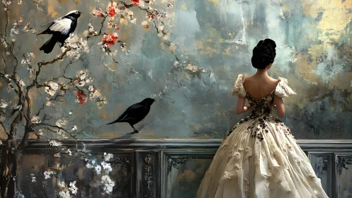 Dreamy ballroom muse beside birds on a painted wall.