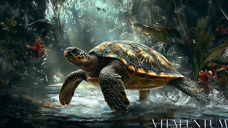 Tropical sea turtle crossing misty rainforest stream.