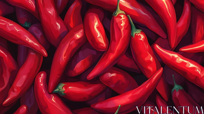Red chili peppers are depicted in dense overlapping arrangement