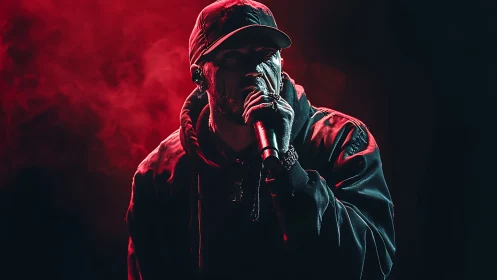 Hooded rapper grips microphone under red stage smoke