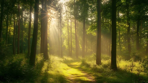 Serene sunlit forest path with golden morning light, realistic style.