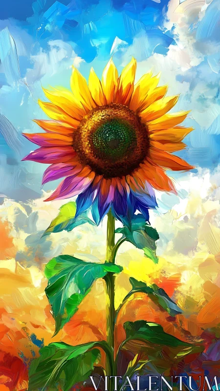 Radiant multicolored sunflower under expressive skyscape.