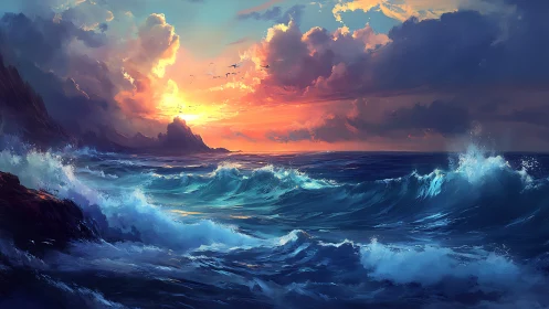 Sunset light pours over stormy waves and a distant coast