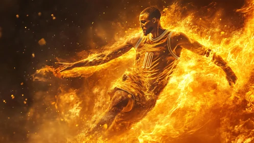 Basketball player bursts through swirling inferno flames.