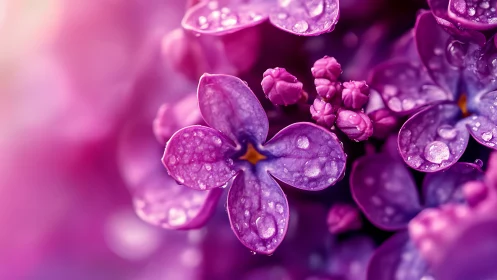 Macro photograph of violet lilac flowers with water droplets and depth of field bokeh blur