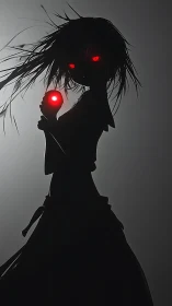 Backlit anime silhouette wielding luminous red energy core.