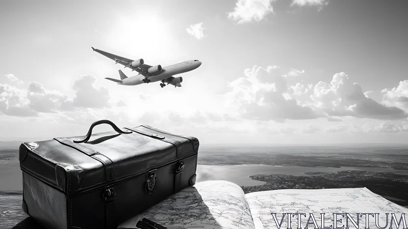 Monochrome airliner over coastal landscape with suitcase and map