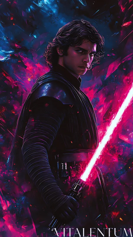 Neon-energized dark warrior with plasma blade ignition.