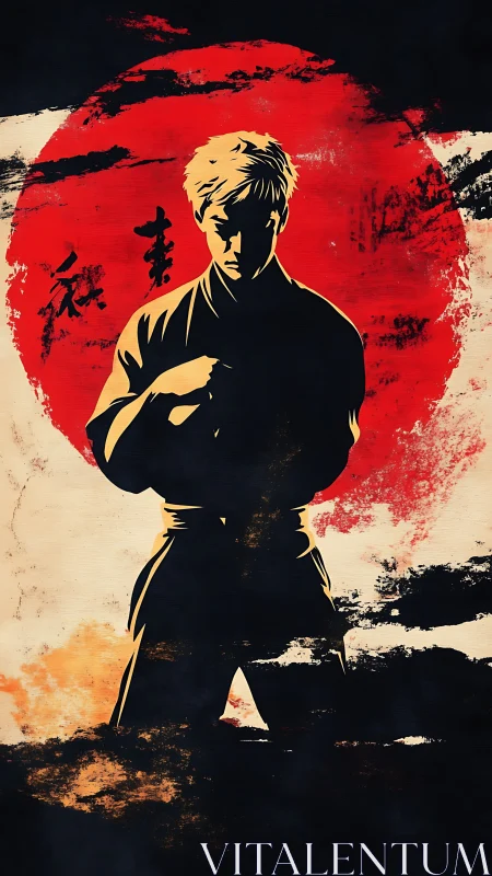 Karate martial artist silhouette stands before red sun circle