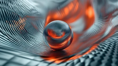 Metallic Sphere on Abstract Wavy Surface in Futuristic Style.