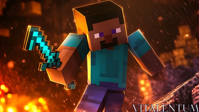 Voxel character wields emissive diamond sword amid dynamic volumetric fire