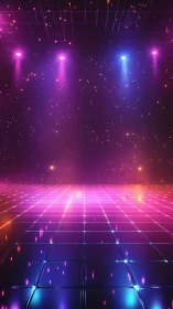 Gridded reflective floor extends beneath colored stage lights