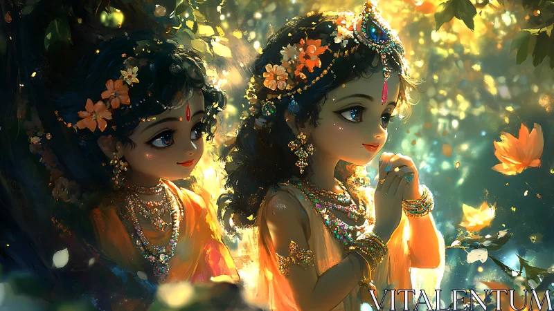 Two jeweled children in glowing forest with falling petals.