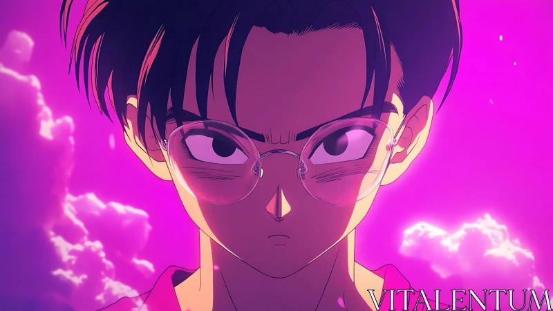 Intense anime boy in neon pink electric sky portrait.