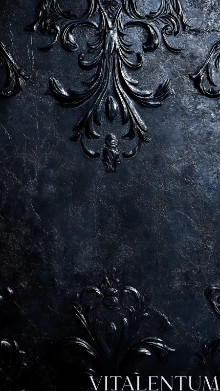 Dark baroque ornament glows on textured black surface.
