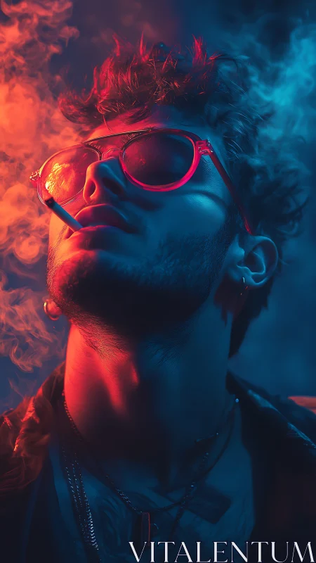 Neon lit smoker in cinematic red blue portrait lighting.