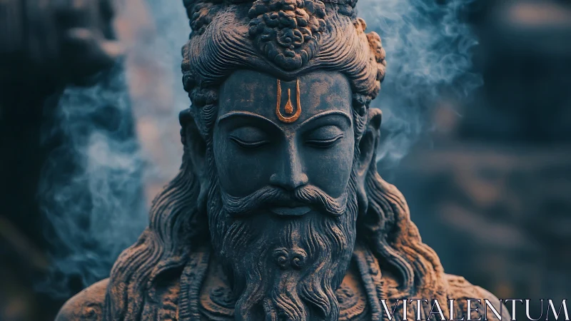 Stone sage in swirling incense, quiet thunder of devotion.