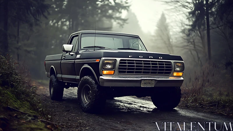 Classic pickup truck pauses on a misty forest backroad