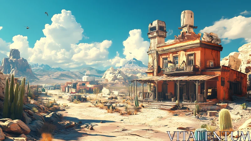 Sunlit desert frontier town rendered in detailed digital painting