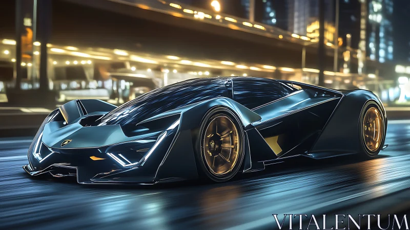 Sleek hypercar streaking through neon-lit city streets at night.