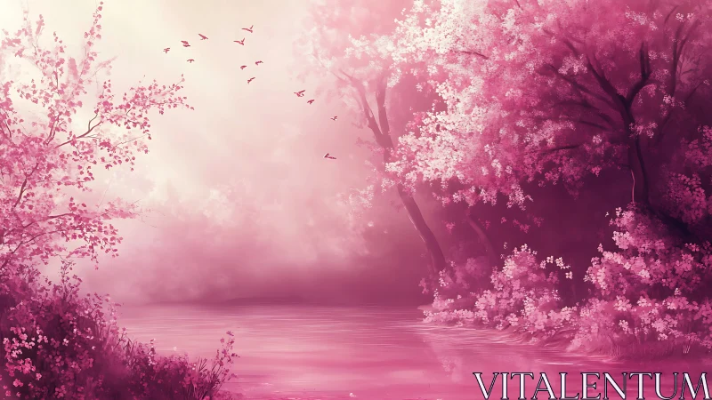 Rose-tinted cherry grove surrounds tranquil misty river.