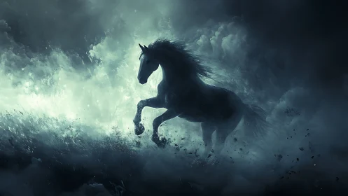 Storm-lit spectral horse charges through swirling mist.