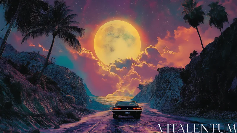 Neon coastline highway under colossal lunar horizon glow.