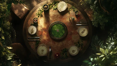 Enchanted woodland table set for a mystical shared meal.