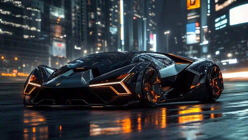 Futuristic low-profile sports car stands on wet city street