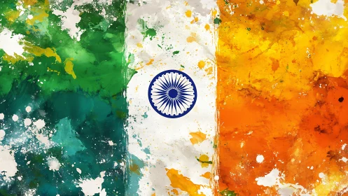 Tricolour pigment field with radial Ashoka Chakra emblem centered.