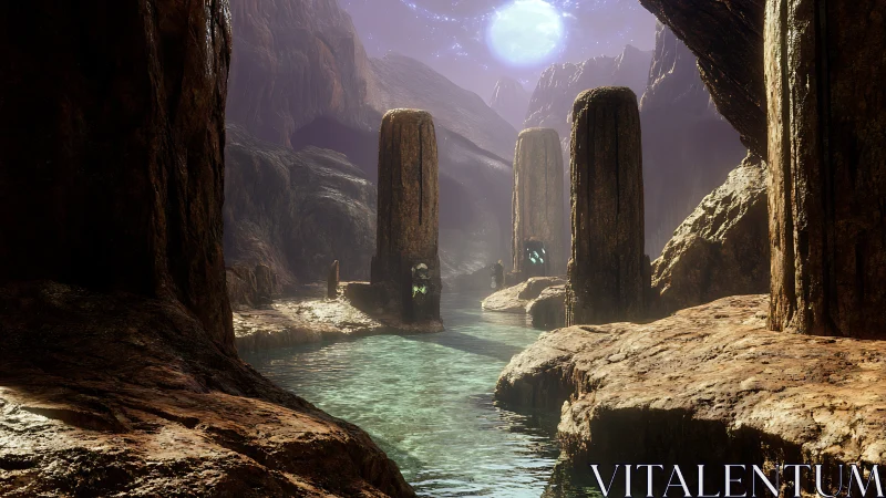 Moonlit cavern river winding past ancient stone pillars.