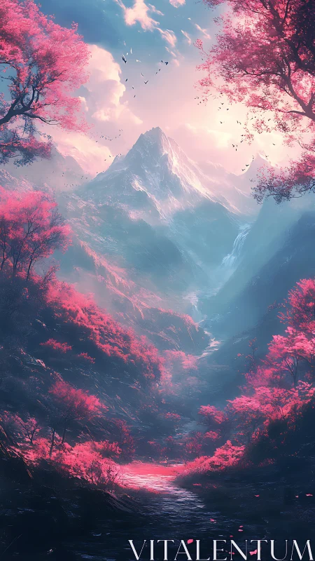 Dreamy pink mountain valley glowing in soft morning light.