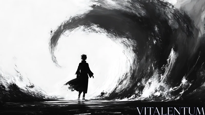 Monochrome vortex convergence with silhouetted wanderer figure.