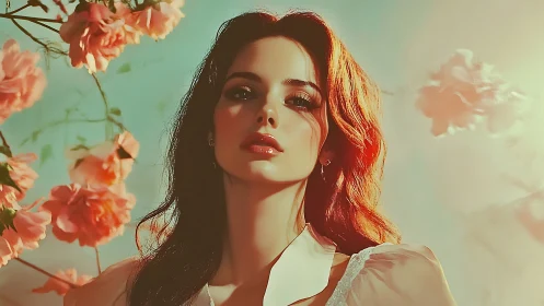 Stylized portrait of woman with flowers and warm lighting.