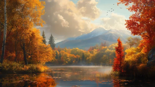 Golden autumn lake beneath distant snowcapped peaks.