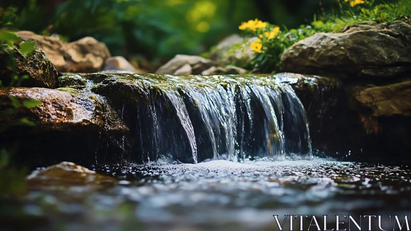 Tranquil garden waterfall surrounded by rocks and wildflowers.