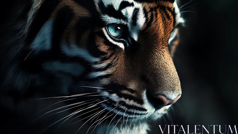 Moonlit tiger gaze carved in shadow and sapphire light.