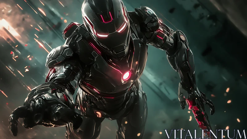 High-gloss combat exosuit in mid-air thrust, neon red accents