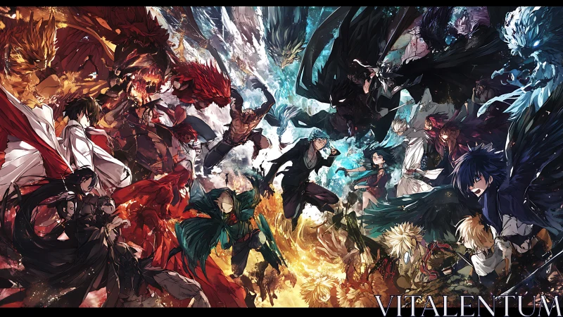 Clashing elemental heroes in a swirling anime showdown.