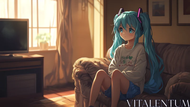 Blue haired anime girl on sofa in warm afternoon light.